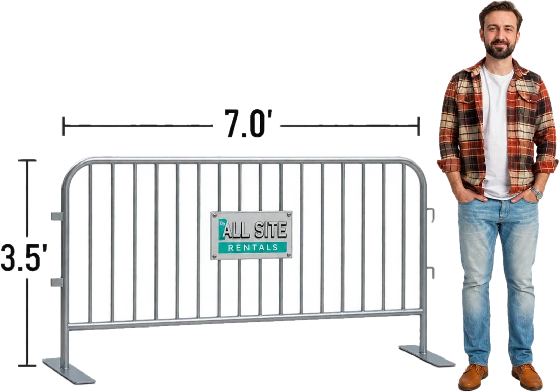 Crowd control barricade, 7 ft long and 3.5 ft high, next to a person for scale