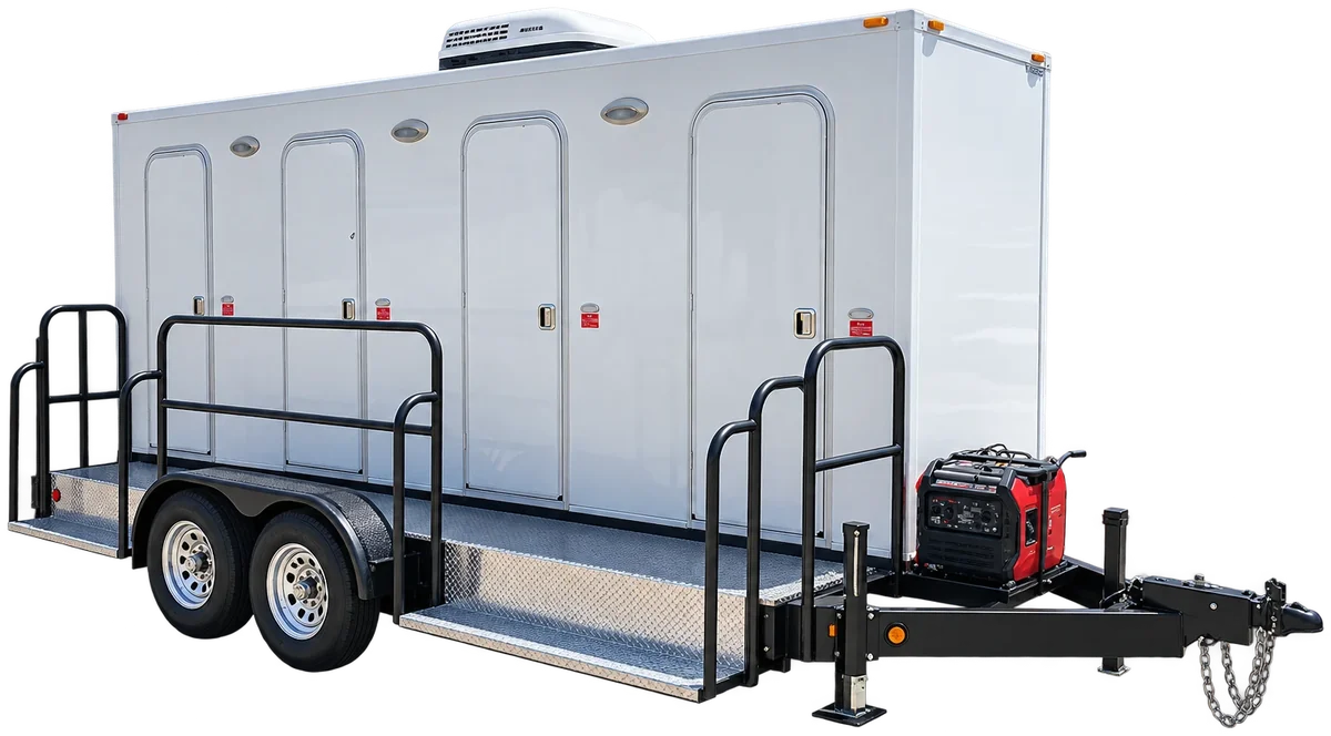 VIP 4 stall restroom trailer with air conditioning, railed steps and a generator