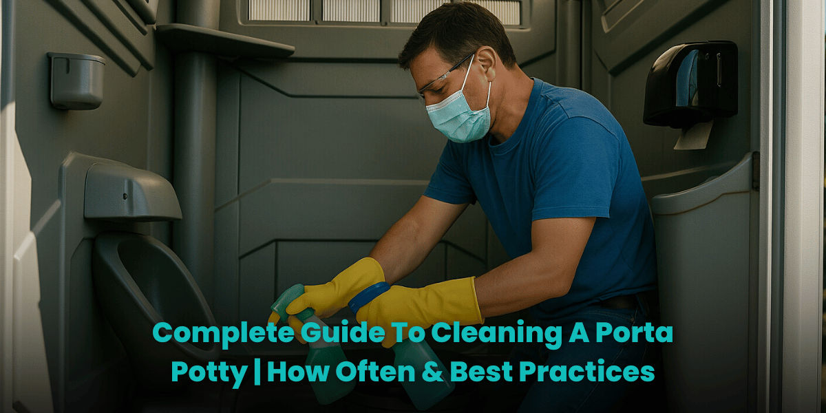 A cover image for a porta potty cleaning guide featuring a man in a blue shirt, jeans, and yellow gloves cleaning the interior of a portable toilet. He wears a face mask and safety glasses while holding spray bottles. The text overlay at the bottom reads, “Complete Guide To Cleaning A Porta Potty | How Often & Best Practices.”
