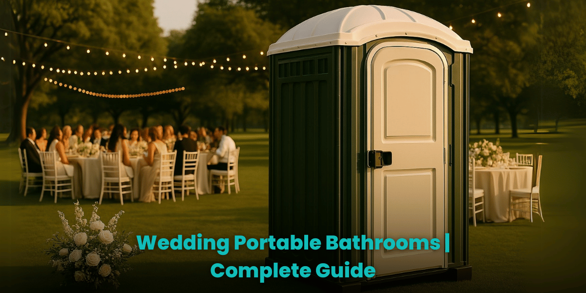 A high-resolution photo of an outdoor wedding reception at sunset. A single green and white porta potty stands on a manicured lawn in the foreground, surrounded by elegant white chairs and floral centerpieces. String lights are suspended between trees, casting a warm glow over guests seated at round tables in the background. A floral arrangement sits beside the porta potty, adding a decorative touch to the setting.