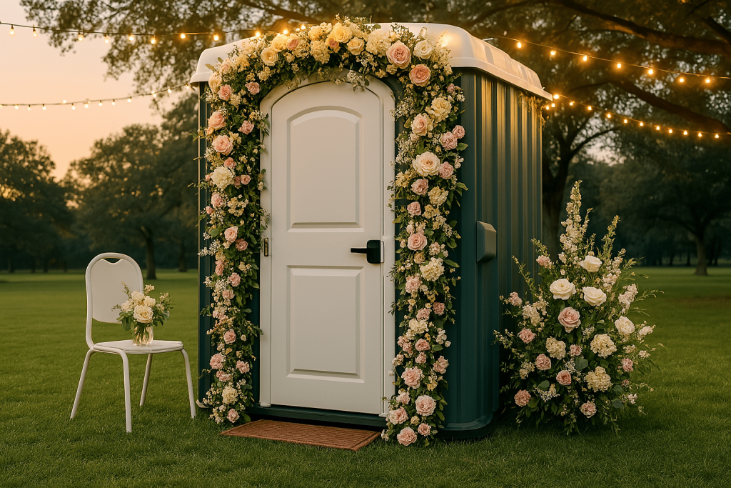 A luxury porta potty decorated for a wedding, surrounded by lush floral arrangements of roses and hydrangeas in soft pastel tones. The green and white unit is framed with string lights and set on a manicured lawn at sunset, with a white chair and floral bouquet beside it, creating a romantic and elegant ambiance.