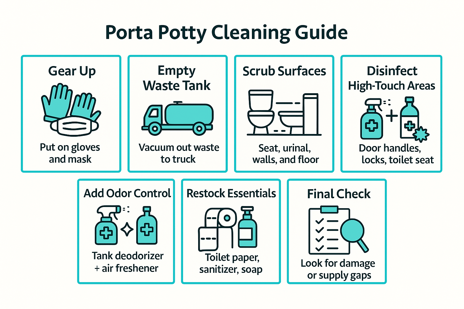 A boxed graphic also titled "Porta Potty Cleaning Guide," featuring seven outlined icons in a grid. Steps include: Gear Up, Empty Waste Tank, Scrub Surfaces, Disinfect High-Touch Areas, Add Odor Control, Restock Essentials, and a Final Check. Each box includes a teal icon and text describing each cleaning step in a structured, checklist-style layout.