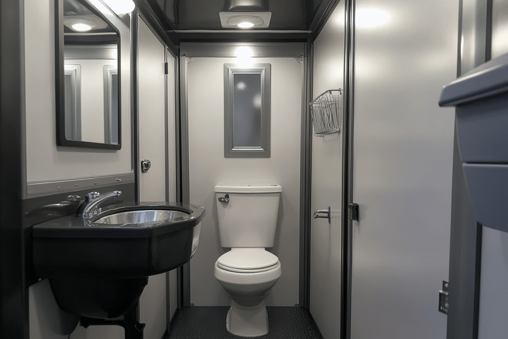 The interior of a premium restroom trailer featuring a modern toilet, stainless steel sink with black vanity, wall mirror, and subtle lighting. The space is clean and sleek with white walls, silver fixtures, and a minimalistic design ideal for upscale events.